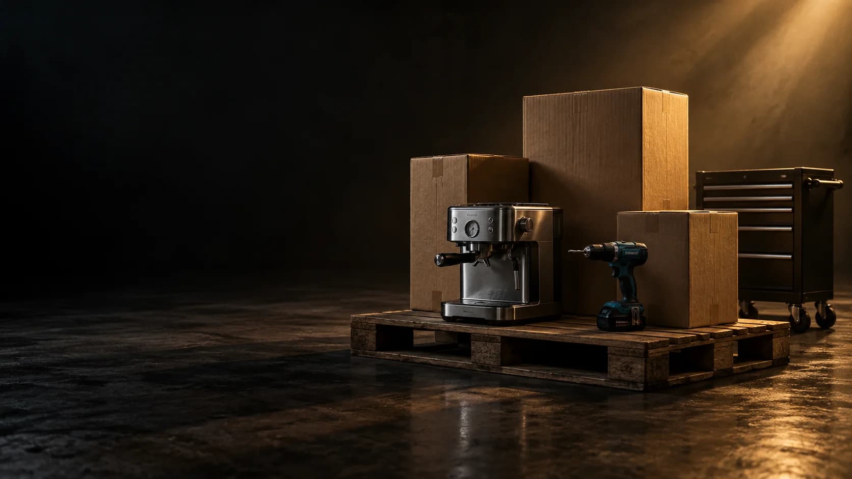 A pallet of returned goods, tools, and an espresso machine illuminated by warm warehouse light
